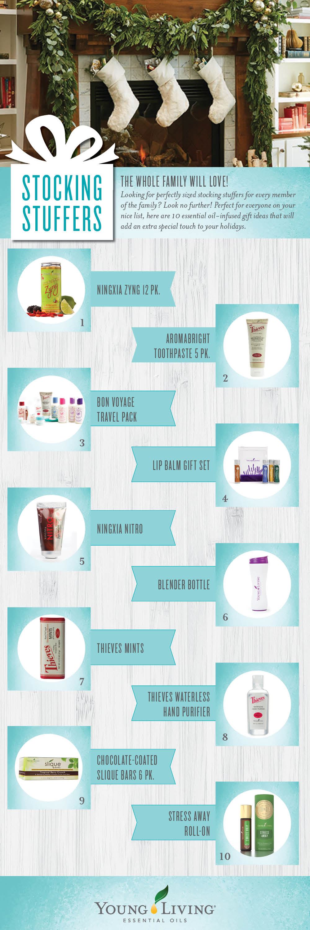 Young Living stocking stuffer ideas - Black Pepper, Blender Bottle, Chocolate-Coated Slique Bars, Copaiba, Lime, NingXia Nitro, NingXia Zyng, Orange, Stress Away, Thieves Mints, Thieves AromaBright Toothpaste, Bon Voyage Travel Pack, Lip Balm Gift Set, Thieves Waterless Hand Purifier, Stress Away Roll On