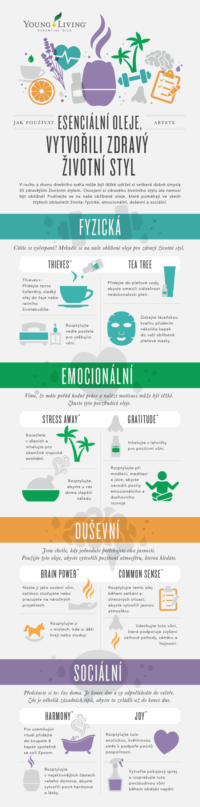 Infografika esenciálních olejů pro duševní, fyzické, emocionální a sociální zdraví