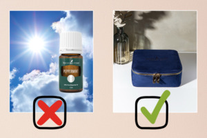 Obrázek zobrazující esenciální olej Peppermint na sluníčku s přeškrtnutým symbolem a pouzdro na oleje s fajfkou