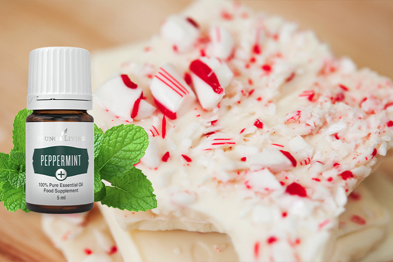 Image of candy cane peppermint bark with Peppermint+ essential oil.