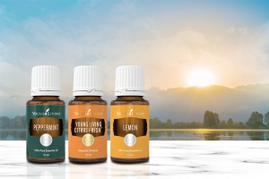 Óleos essenciais de hortelã-pimenta, Young Living Citrus Fresh e limão com o nascer do sol