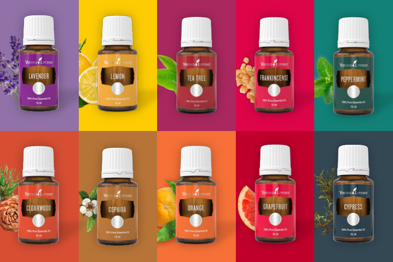 Die Top 10 ätherischen Öle wie oben aufgelistet: Lavendel, Zitrone, Teebaum, Weihrauch, Pfefferminze, Zedernholz. Copaiba, Orange, Grapefruit & Zypresse