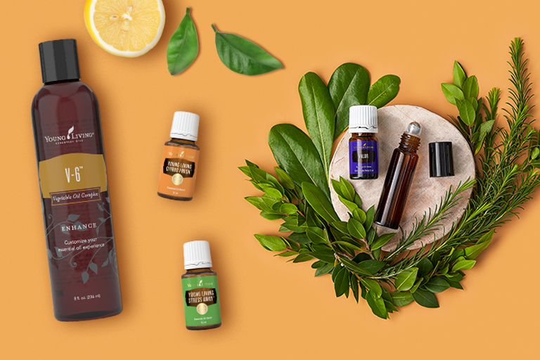 Young Living Citrus Fresh ®, Valor ®, Young Living Stress Away® und Young Living V-6® Enhanced Vegetable Oil Complex  mit Rolleraufsatzapplikator.
