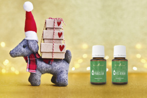 Adorno navideño con forma de perro y los aceites esenciales Animal Scents® Pet Renew y PuriClean