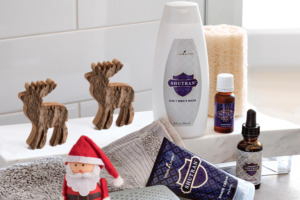 Santa and reindeer ornaments with Shutran® essential oil, Shutran® 3-in-1 Men’s Wash, Shutran® Shave Cream and Shutran® Beard Oil