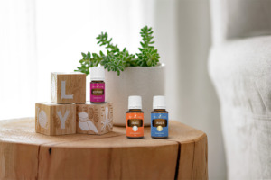 Acceptance, Awaken Ölmischungen und Orange ätherisches Öl auf Beistelltisch im Wohnzimmer