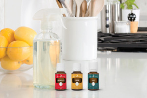 Zitronengras, Salbei und Zitrone ätherisches Öl in frischer, sauberer Küche