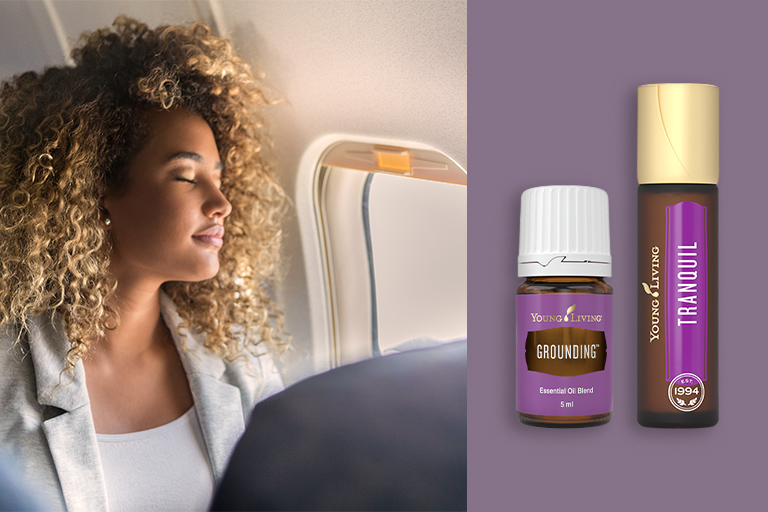Tranquil Roll-On and Grounding essential oil blend with woman on airplane