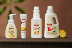 Thieves® Household Cleaner, Thieves® Laundry Soap, Thieves® AromaBright Toothpaste und Thieves® Foaming Hand Soap