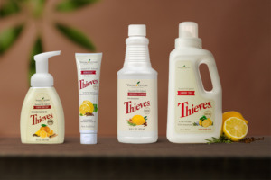 Le produit d’entretien Thieves® Household Cleaner, la lessive Thieves® Laundry Soap, le dentifrice Thieves® AromaBright Toothpaste et le savon moussant pour les mains Thieves® Foaming Hand Soap