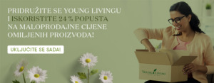 Natpis s tekstom ‘Pridružite se Young Livingu i iskoristite 24 % popusta na maloprodajne cijene omiljenih proizvoda! Uključite se sada!’