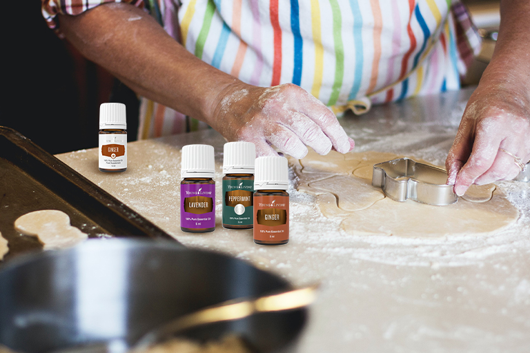 Making biscuits in the kitchen with Lavender, Peppermint, Ginger & Ginger+ essential oils