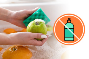 Jabłko myte mydłem oraz symbol zakazu, który wskazuje, że nie jest to zalecane