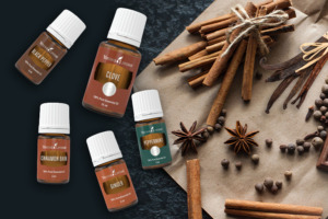 Ätherisches Zimtöl, Nelkenöl, Pfefferminzöl, Ingweröl und ätherisches Öl aus schwarzem Pfeffer von Young Living mit Zimtstangen, Vanillestangen, Pfefferkörnern und anderen Gewürzen
