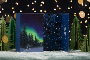 Afbeelding van de YL-adventskalender omgeven door sneeuw en papieren bomen.