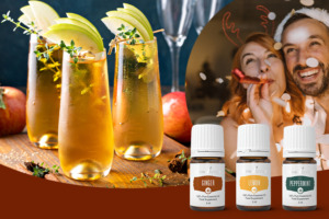 Alkoholfreier Cocktail mit ätherischem Ingweröl, Zitronenöl und Pfefferminzöl der Pluslinie von Young Living Peppermint+, Lemon+ und Ginger+ sowie fröhliche Menschen beim Feiern von Silvester