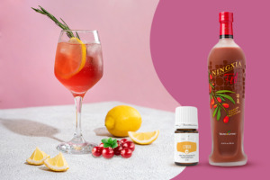 Obrázek koktejlu bez alkoholu s NingXia Red®, esenciálním olejem Lemon+, brusinkami a klínky citronu.