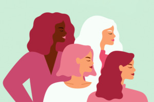 Illustration von vier verschiedenen Frauen, die den Internationalen Frauentag repräsentieren.
