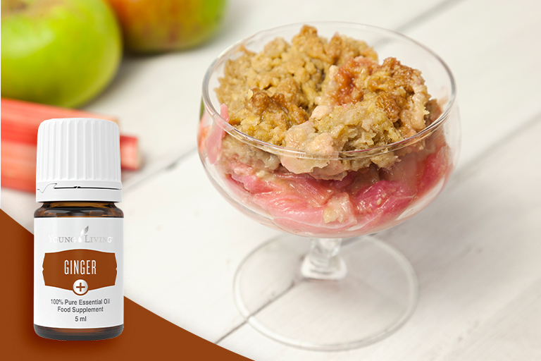 Image of rhubarb and apple crumble with Ginger+ essential oil.