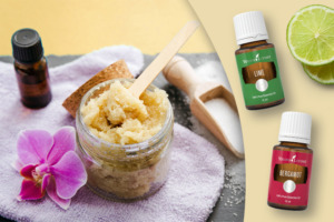 Selbstgemachtes Körperpeeling im Glas mit ätherischem Limettenöl und Bergamotteöl von Young Living
