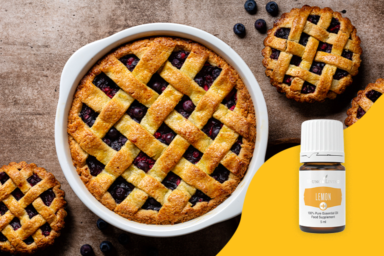 Image of a lattice pie with blueberries and Lemon+ essential oil.