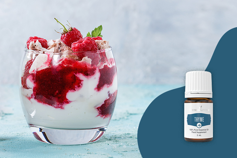 Image of Eton Mess with raspberries and Thyme+ essential oil.