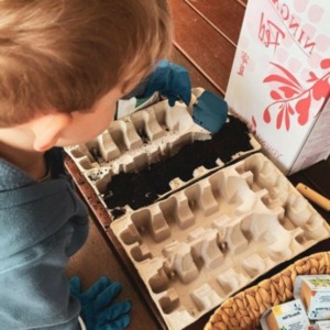 Image of a boy filling packaging inserts with soil.