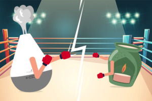 Ilustração de um difusor e um queimador a lutarem num ringue de boxe