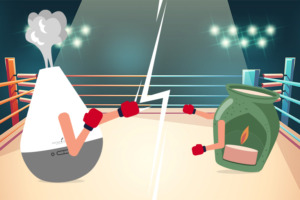 Illustration of a diffuser and burner fighting in a boxing ring.