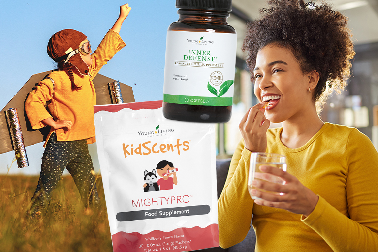 Imagen de una mujer y una niña con los complementos alimenticios KidScents® MightyPro e Inner Defense.