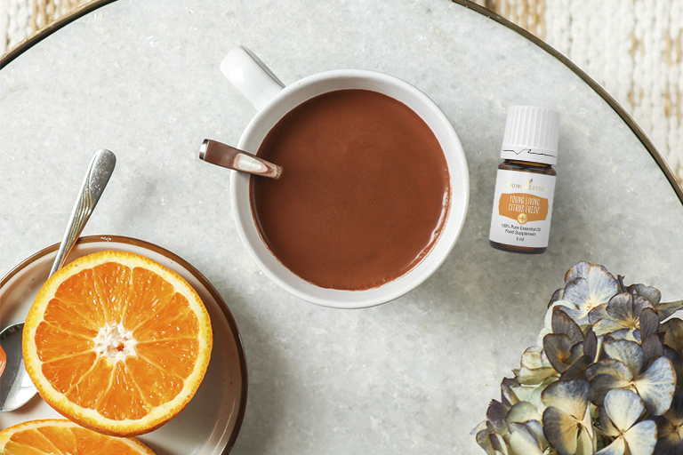 Image of hot chocolate with Young Living Citrus Fresh+ essential oil.