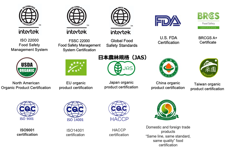 品質認証ロゴ一覧 ― FDA・ISO・HACCP・FSSC22000