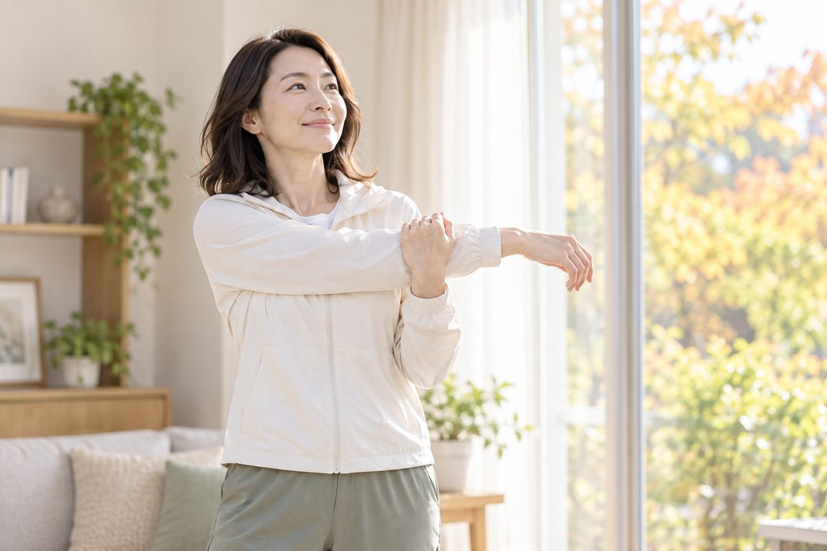 自宅で気軽に肩を伸ばす女性