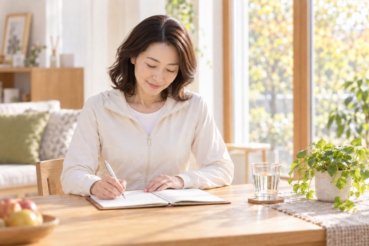 手帳に運動の予定を書き込む女性