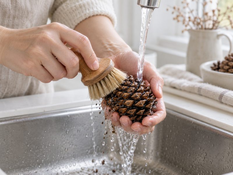 aroma-diy-pinecone-ornament-wash-01 松ぼっくりを水で洗う