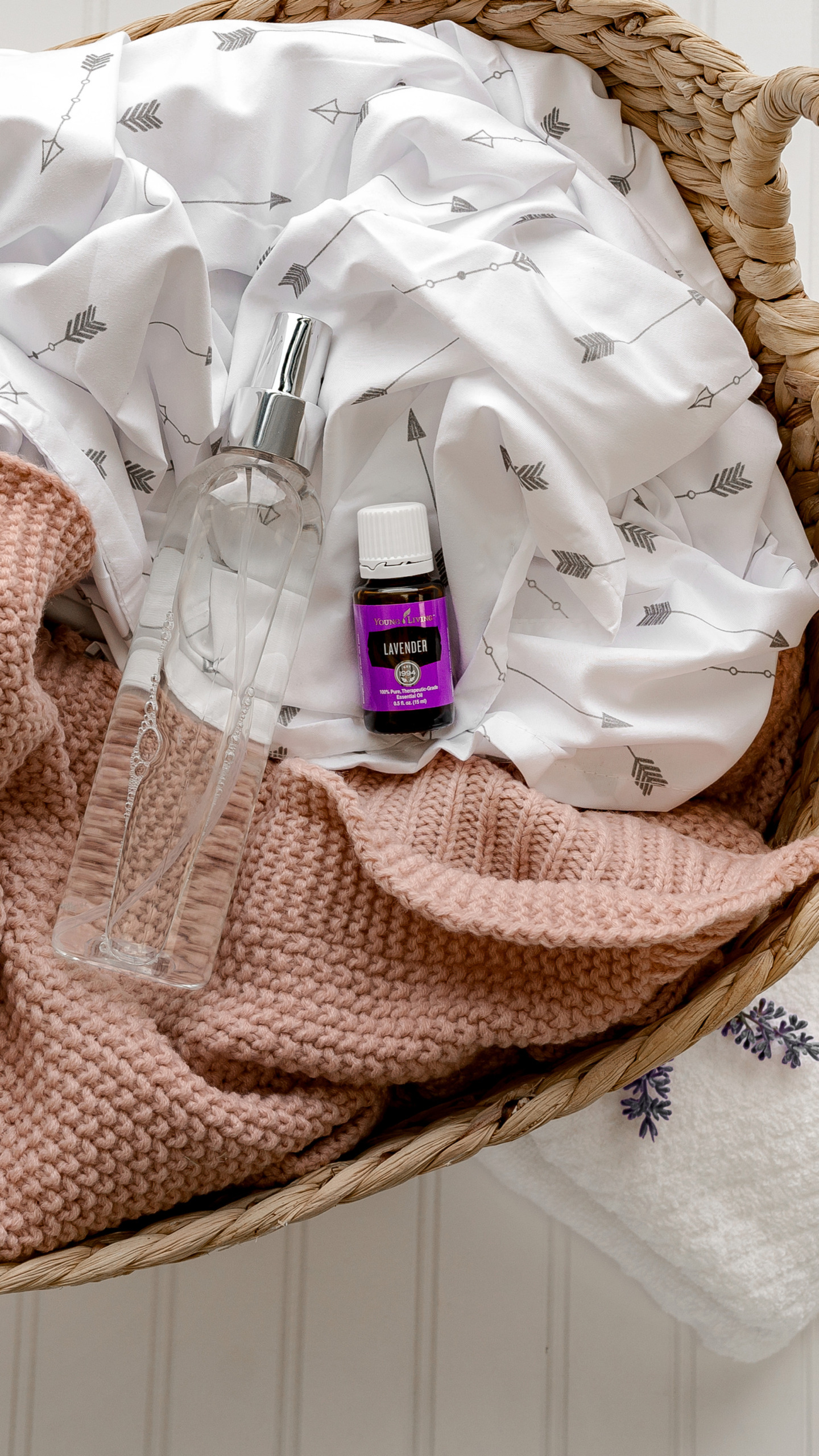 Lavender essential oil in laundry basket