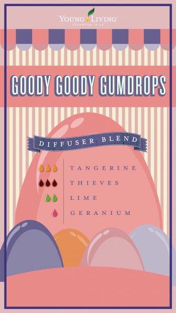 gumdrops diffuser blend with 3 drops tangerine, 3 drops thieves, 2 drops lime, and 1 drop geranium