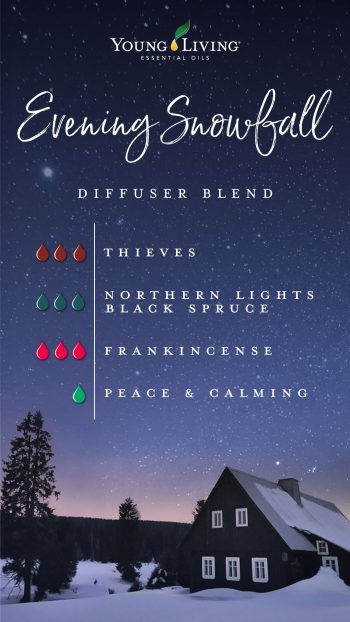 evening snowfall diffuser blend recipe: 3 drops Thieves, 3 drops Northern Lights Black Spruce, 3 drops frankincense, 1 drop Peace and calming 