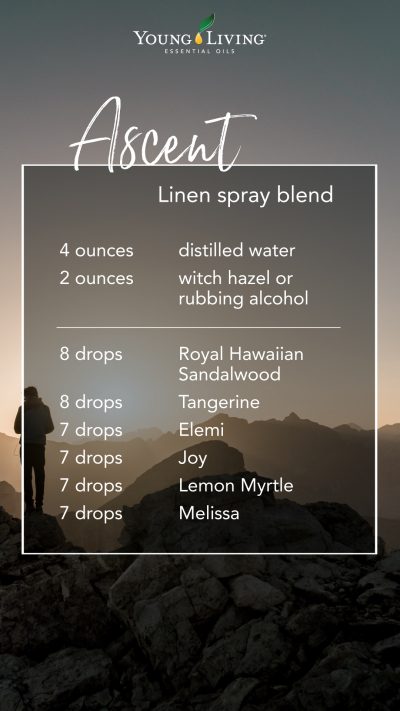 DIY linen spray recipe with essential oils: 4 ounces distilled water, 2 ounces witch hazel or rubbing alcohol, 8 drops Royal Hawaiian Sandalwood 8 drops Tangerine 7 drops Elemi 7 drops Joy 7 drops Lemon Myrtle 7 drops Melissa