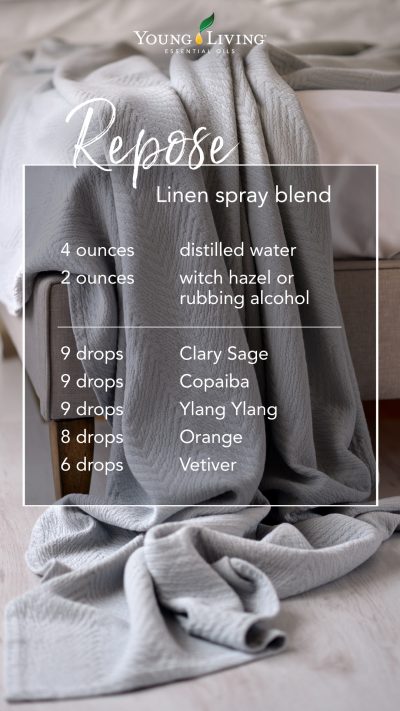 DIY linen spray recipe with essential oils: 4 ounces distilled water, 2 ounces witch hazel or rubbing alcohol, 9 drops Clary Sage, 9 drops Copaiba, 9 drops Ylang Ylang, 8 drops Orange, 6 drops Vetiver 