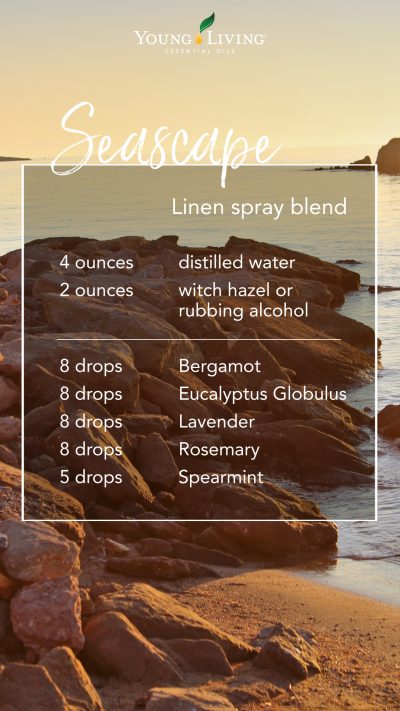 DIY linen spray recipe with essential oils: 4 ounces distilled water 2 ounces witch hazel or rubbing alcohol 8 drops Bergamot 8 drops Eucalyptus Globulus 8 drops Lavender 8 drops Rosemary 5 drops Spearmint 