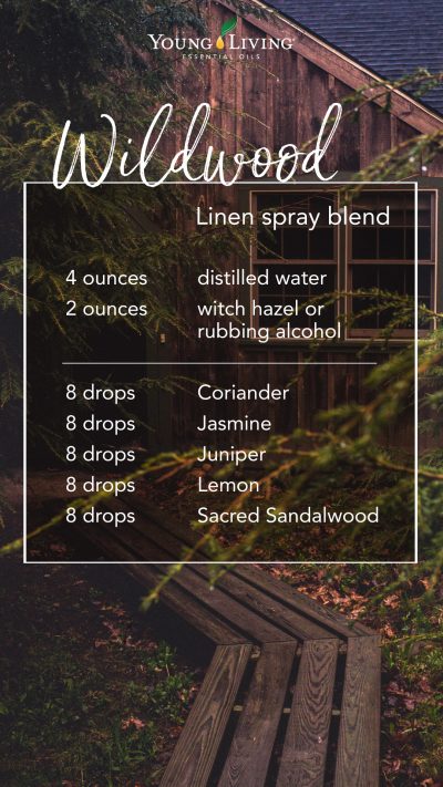 DIY linen spray recipe with essential oils: 4 ounces distilled water, 2 ounces witch hazel or rubbing alcohol, 8 drops Coriander 8 drops Jasmine 8 drops Juniper 8 drops Lemon 8 drops Sacred Sandalwood