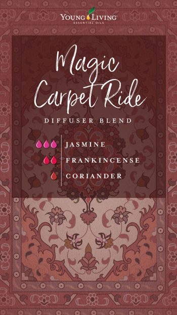 magic carpet ride diffuser blend recipe with essential oils: 3 drops jasmine, 3 drops frankincense, 3 drops coriander