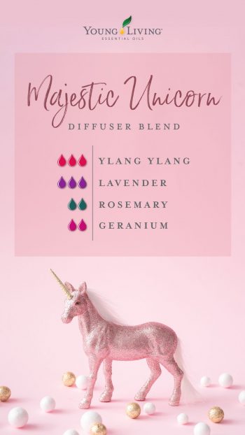 majestic unicorn diffuser blend recipe with essential oils: 3 drops ylang ylang, 3 drops lavender, 2 drops Rosemary, 2 drops Geranium