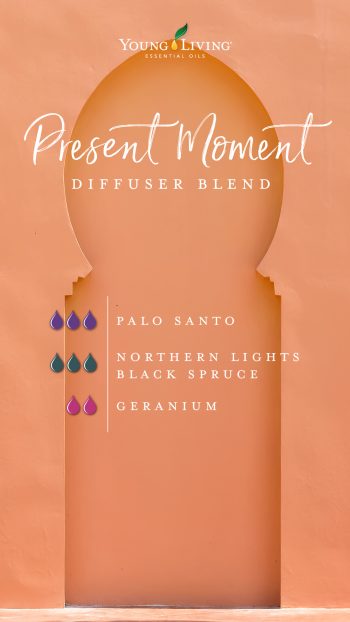 "Present moment" diffuser blend recipe: 3 drops Palo Santo, 3 drops Northern lights black spruce, 2 drops geranium