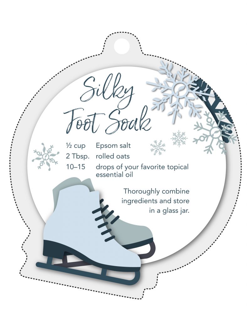 Silky foot soak printable gift tag showing an ice skate and the recipe. Silky foot soak recipe: 1/2 cup epsom salt, 2 tablespoons rolled oats, 10-15 drops of your favorite topical essential oil. thoroughly combine ingredients and store in a glass jar. 