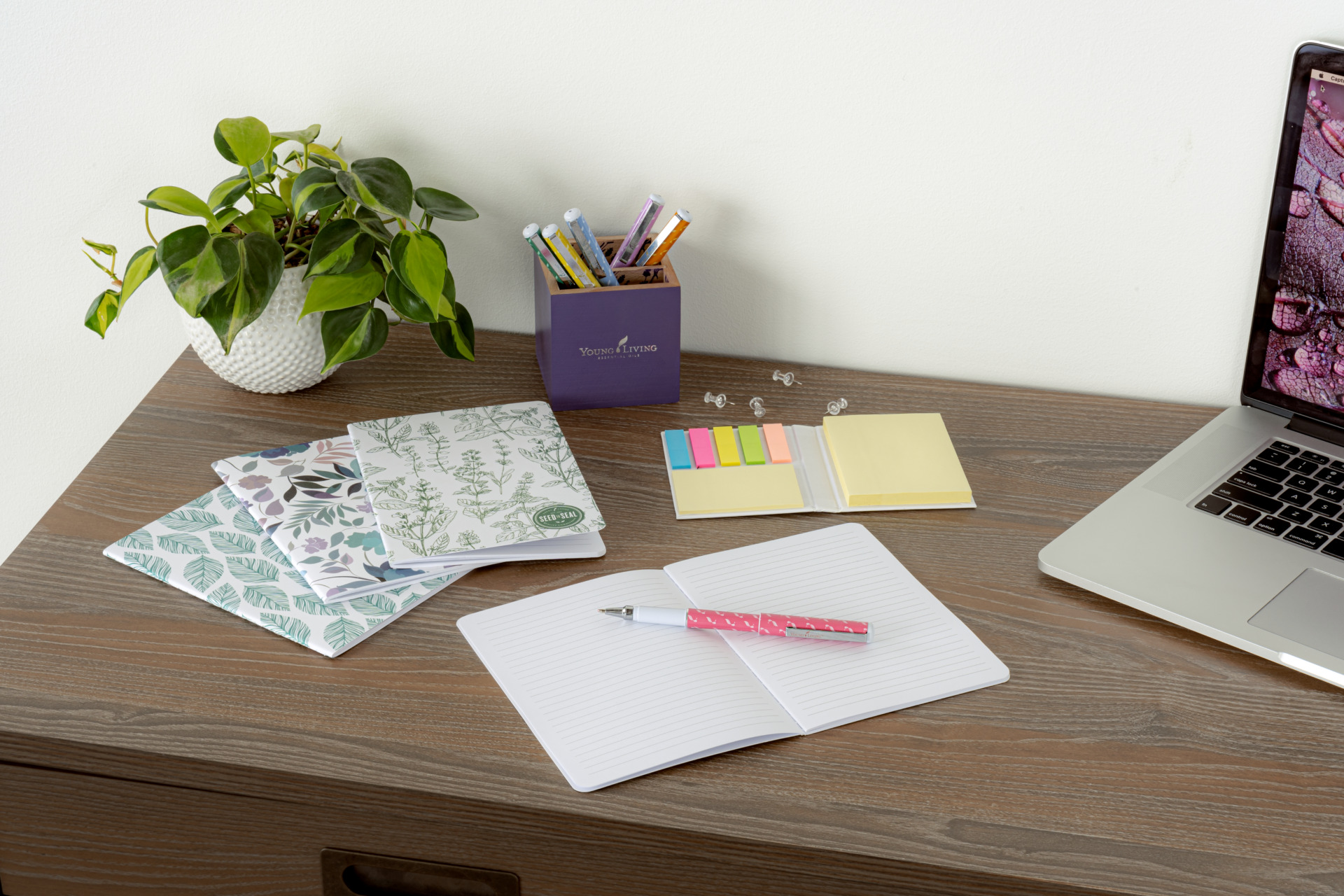 Stocking stuffer ideas: set of notebooks and colorful pens sitting on a desk ready for note taking 