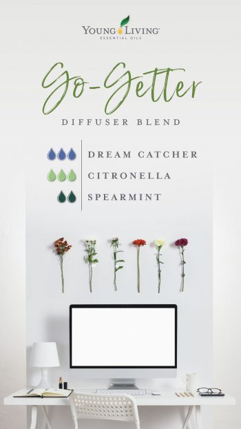 Diffuser blend recipe: Go-Getter diffuser blend 3 drops Dream Catcher 3 drops Citronella 2 drops Spearmint