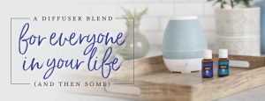 A diffuser and two essential oil bottles in a kitchen with the text A diffuser blend for everyone in your life (and then some)