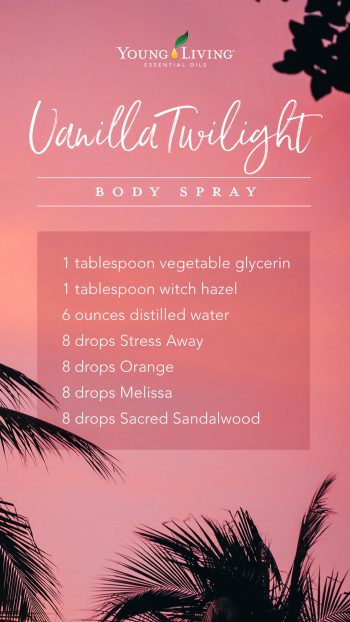 1 tablespoon vegetable glycerin, 1 tablespoon witch hazel, 6 ounces distilled water, 8 drops stress away, 8 drops Orange, 8 drops Melissa, 8 drops Sacred Sandalwood